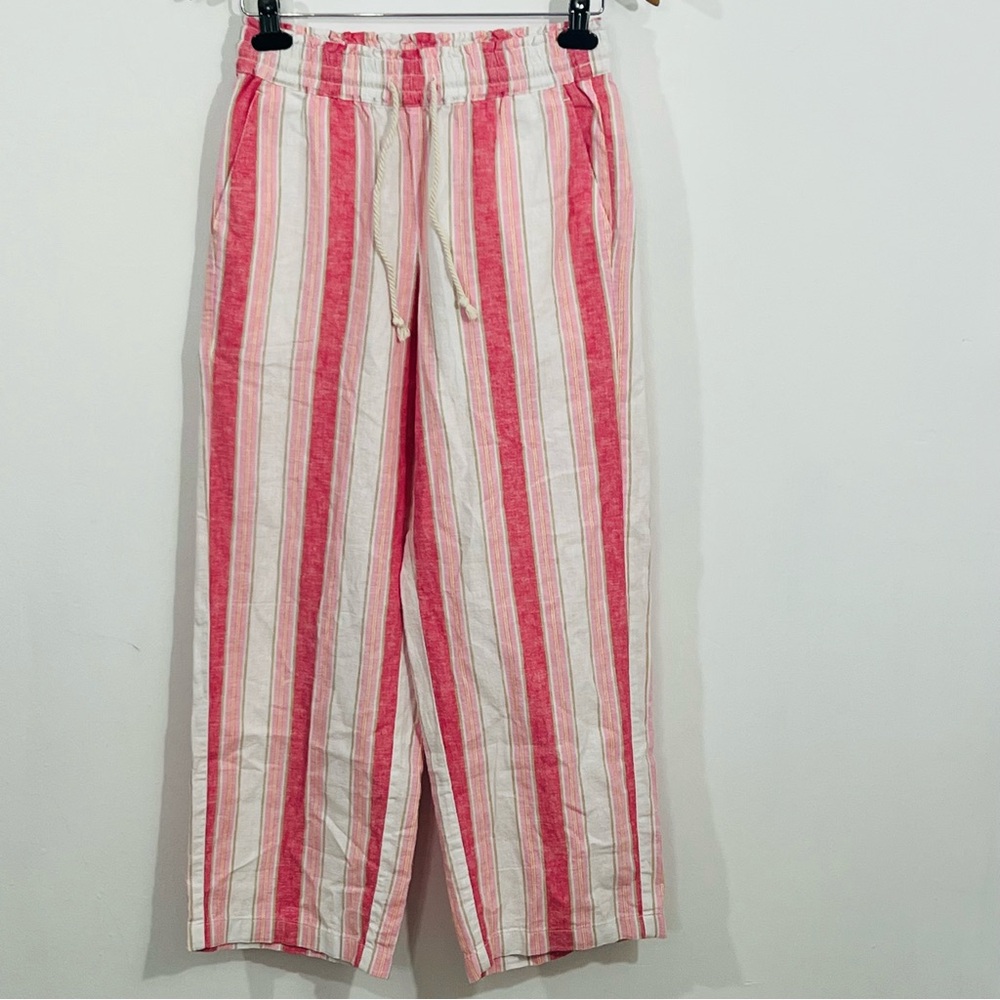 J.Crew Linen Blend Striped Pants Pink White Pull On Elastic Waist Coastal Summer